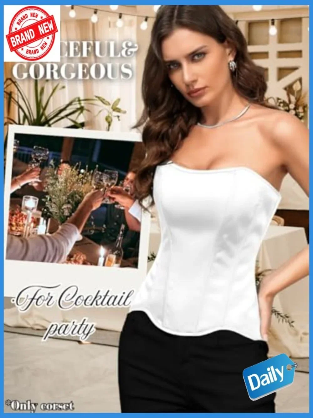 Lustrous Satin Corset, Strapless Overbust Lace-Up Shapewear, Wedding Guest